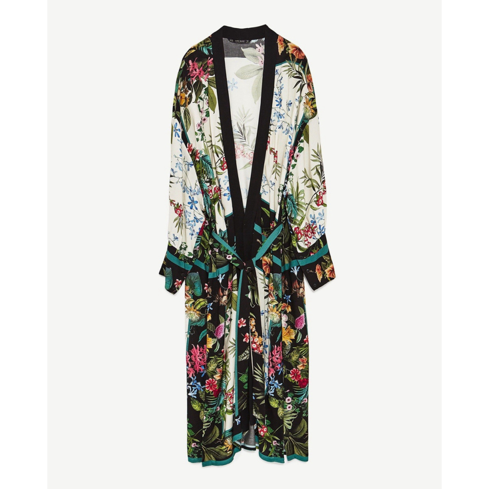 Zara Basic Collection Kimono Jacket M Floral Belted Robe Vacation Resort Lagen - Picture 2 of 8